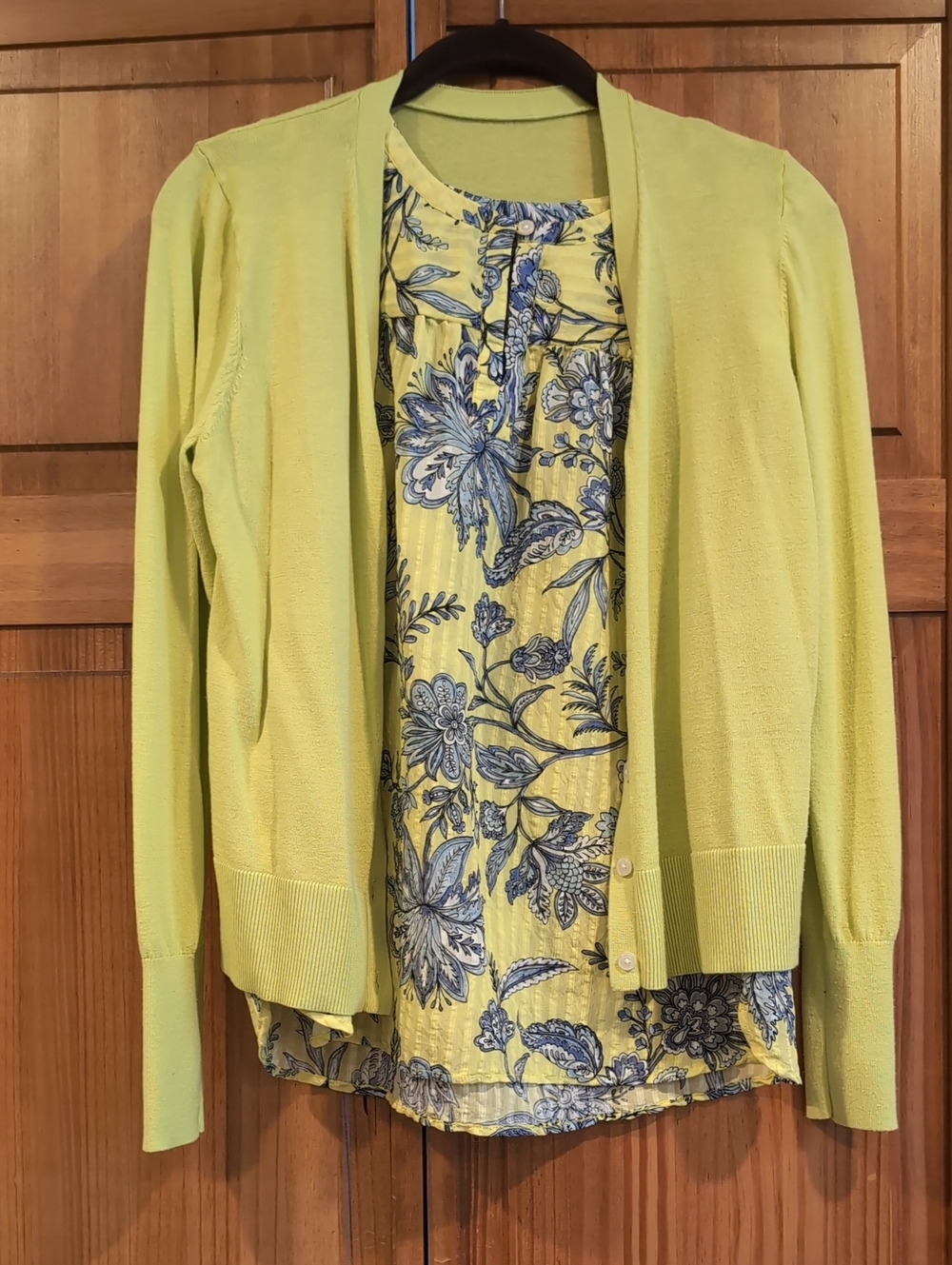 LOFT Lime Green Open Cardigan with Yellow Floral-Print Blouse